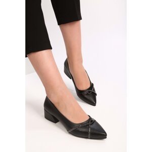 Shoeberry Women's Verona Black Skin Stone Heeled Shoes