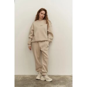 Laluvia Beige Embossed Letter Printed Crew Neck Tracksuit Set