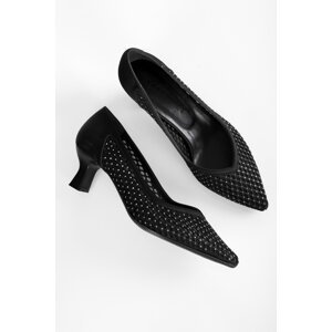 Shoeberry Women's Naby Black Satin Stone Detailed Heel Stiletto