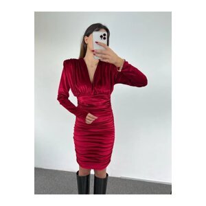 Laluvia Wine Red Elegant Velvet Dress with Padded Shoulders, V-Neck, Gathered Sides and Adjustable Length