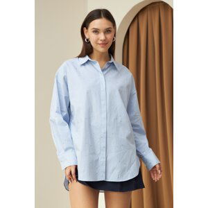 Laluvia Blue Stone Detailed Striped Shirt