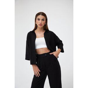 Laluvia Black Linen Shirt-Pants Double Suit