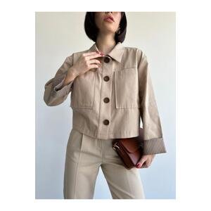 Laluvia Mink 100% Cotton Line Detailed Lined Gabardine Jacket-Pants Suit