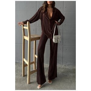Laluvia Brown Crinkle Fabric Cuffed Slit Trousers Shirt Suit
