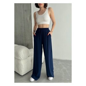 Laluvia Navy Blue Elastic Wide Leg Trousers