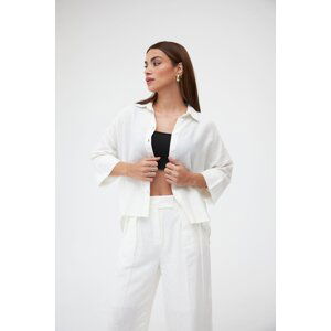 Laluvia Ecru Linen Shirt-Pants Double Set