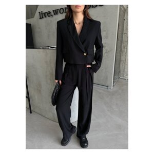 Laluvia Black Double Breasted Crop Jacket Palazzo Pants Suit