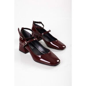 Shoeberry Women's Linnie Burgundy Patent Leather Chunky Heel Shoes