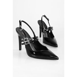 Shoeberry Women's Cannes Black Patent Leather Buckled Belted Stiletto