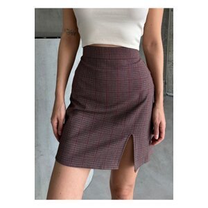 Laluvia Claret Red Plaid Front Slit Mini Skirt