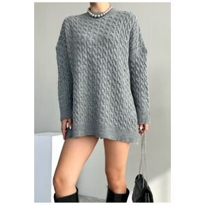 Laluvia Gray Hair Knit Detailed Crew Neck Sweater with Side Slits