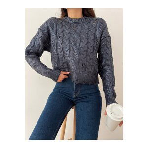 Laluvia Indigo Foil Print Ripped Detailed Sweater