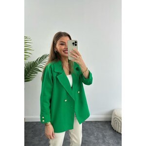Laluvia Green Linen Gold Buttoned Oversize Jacket