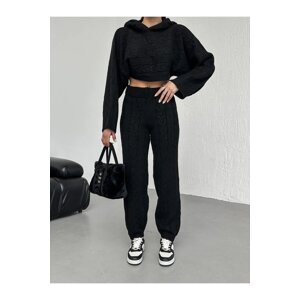 Laluvia Black Hooded Knitted Crop Knitwear Suit with Elastic Waist Legs