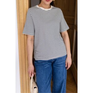 Laluvia Ecru-Black Striped Crew Neck Cotton T-Shirt