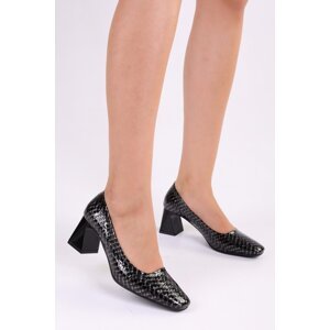 Shoeberry Women's Brazen Black Patent Leather Crocodile Daily Heeled Shoes