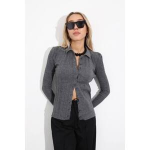 Laluvia Anthracite Polo Collar Buttoned Knitwear Cardigan