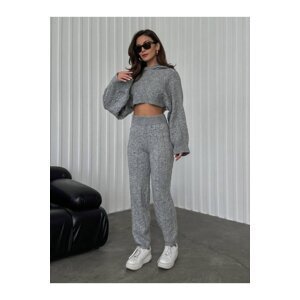 Laluvia Gray Hooded Waist Leg Elastic Knitted Crop Knitwear Suit