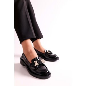 Shoeberry Women's Maren Black Teddy Bear Buckle Patent Leather Loafer Black Wrinkled Patent Leather