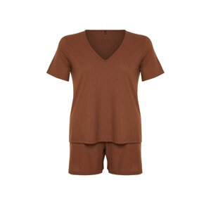 Trendyol Curve Brown V Neck Camisole Knitted Pajamas Set