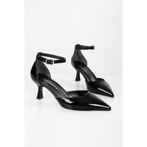 Shoeberry Women's Milos Black Patent Leather Belted Heeled Shoes Stiletto