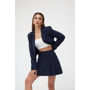 Laluvia Navy Blue Double Breasted Crop Jacket Double Pleated Skirt Suit