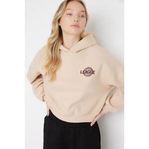 Trendyol Beige Back with a Print Detailed Hoodie, Fleece Inside Knitted Sweatshirt