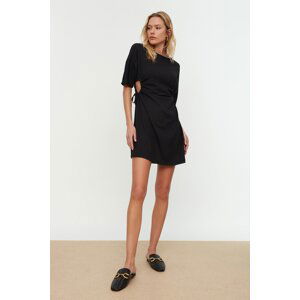 Trendyol Black Crepe Knitted Mini Dress with Cut Out and Smocking Detail that fits at the waist