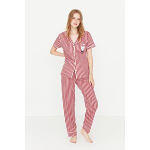 Trendyol Pink Cotton Striped Animal Print Shirt-Pants Knitted Pajamas Set