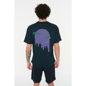 Trendyol Navy Blue Relaxed/Comfortable-Fit Back Printed 100% Cotton T-Shirt