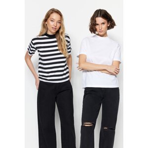 Trendyol White-Black and White Striped 2-Pack Basic Stand Up Collar Knitted T-Shirt