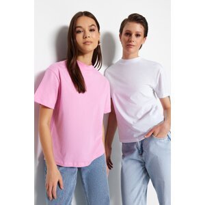 Trendyol Pink-White 2-Pack 100% Cotton Basic Stand Up Collar Knitted T-Shirt
