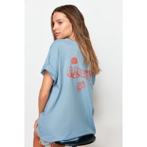 Trendyol Indigo 100% Cotton Slogan Printed on the Back Boyfriend Fit Crew Neck Knitted T-Shirt