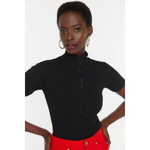 Trendyol Black Zippered Fitted/Sleeved Ribbon Knitted Blouse with a Stand-Up Collar, Stretch