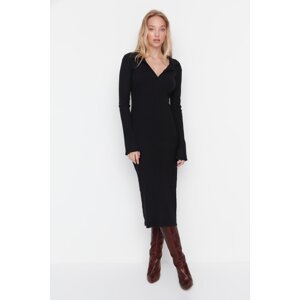 Trendyol Black Fake Knitwear Body-Fitting Polo Collar Maxi Ribbed Flexible Knitted Pencil Dress