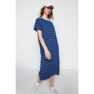 Trendyol Navy Blue Striped Shift/Plain Maxi Knit Dress with Slit Detail