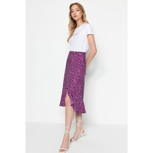 Trendyol Purple Printed High Waist Midi Elastic Knitted Skirt with Ruffles and Ruffles