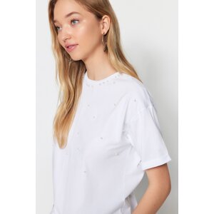 Trendyol White Half Sleeve Knitted T-shirt with Pearl Detailed