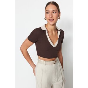 Trendyol Brown Fitted Polo Neck Crop Corduroy Stretch Knitted Blouse