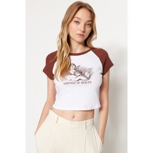 Trendyol Brown 100% Cotton Printed Fitted/Simple Crop Crew Neck Knitted T-Shirt