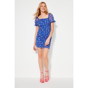 Trendyol Navy Blue Fitted Chiffon Mini Dress with Woven Lined and with a Floral Pattern
