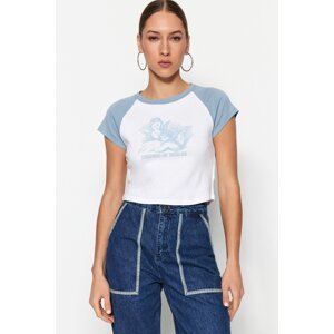 Trendyol Blue 100% Cotton Printed Fitted/Simple Crop Crew Neck Knitted T-Shirt