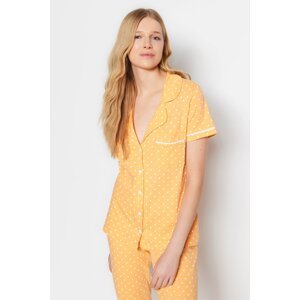 Trendyol Peach 100% Cotton Piping Detailed Polka Dot Shirt-Pants Knitted Pajamas Set
