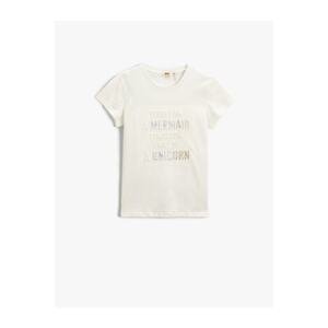 Koton Slogan Printed Relief Silvery Short Sleeve T-Shirt Cotton