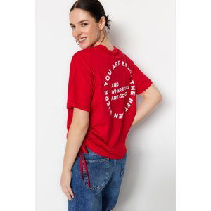 Trendyol Red 100% Cotton Back Printed Shirred Detail Boyfriend Fit Crew Neck T-Shirt