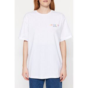 Trendyol White 100% Cotton Front and Back Printed Oversize/Wide Fit Crew Neck Knitted T-Shirt