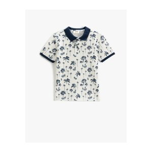 Koton Palm Print Polo Collar T-Shirt with Short Sleeves and Button Detail.