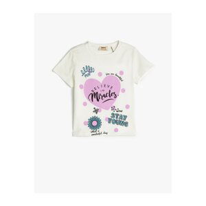 Koton Short-Sleeve T-shirt with Hearts and Silvery Crew Neck Cotton