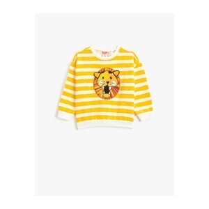 Koton Striped Sweatshirt with a Lion Graphic Print Long Sleeved Crewneck