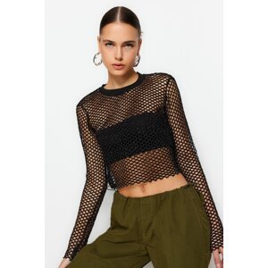 Trendyol Black Lurex Mesh, Relaxed Cut, Crew Neck Crop Knitted Blouse
